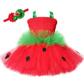 Cute Strawberry Tutu Dress Red Green Tulle Flowers Princess Girls-TB00845-Veeddydropshipping